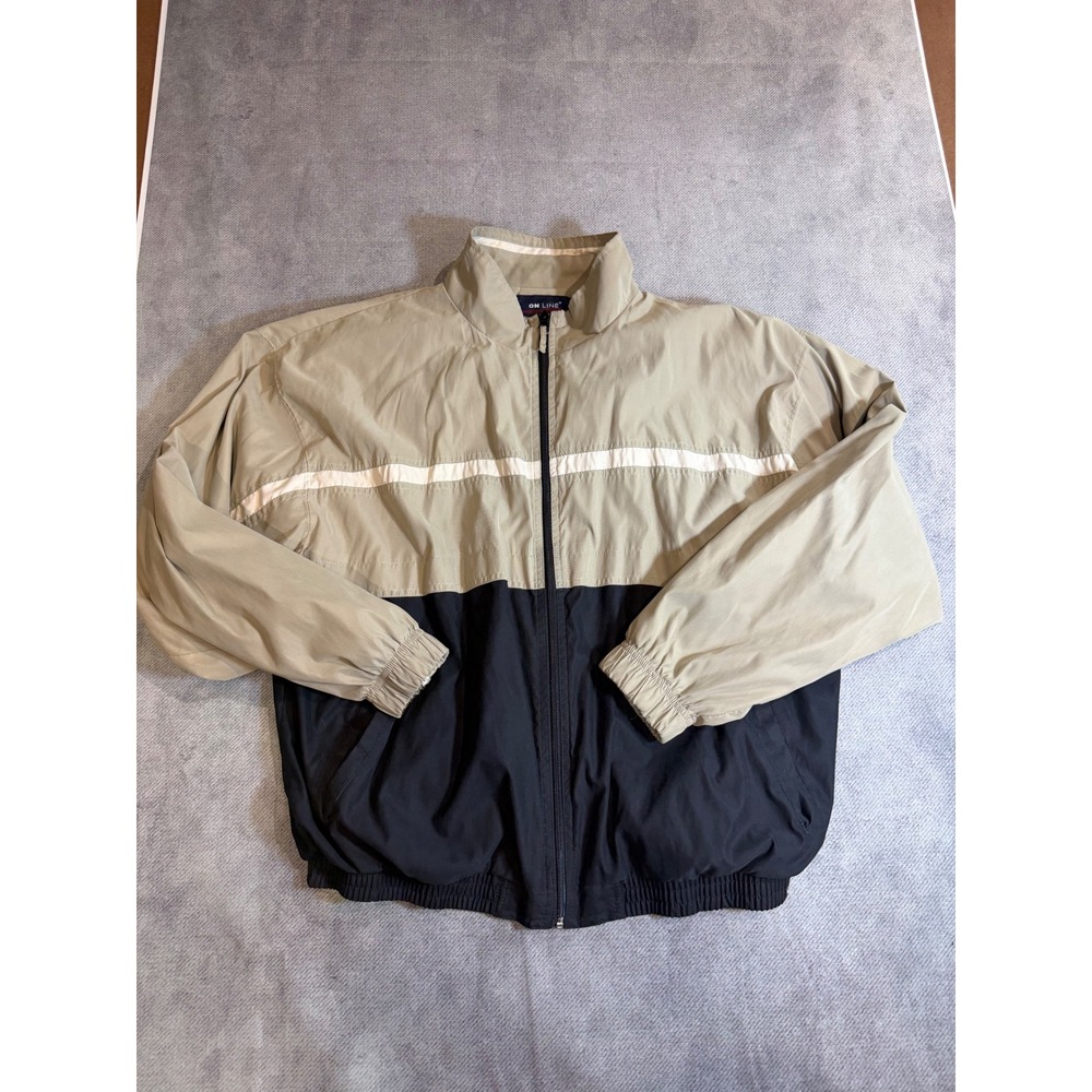 On Line Mens XL Colorblock Windbreaker Jacket Tan Navy Blue Full Zip Vintage